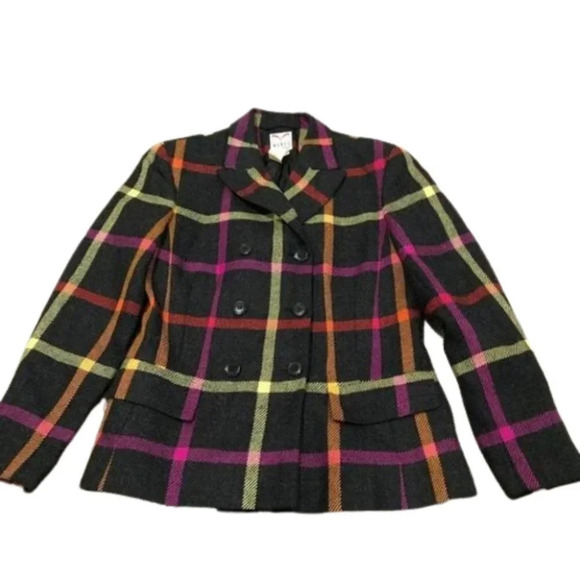 Mondi Vintage Wool Black, Magenta, Orange, Yellow & Red Plaid Jacket Size 6 - Picture 1 of 10